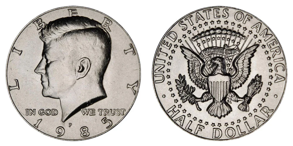 1985 Kennedy Half Dollar obverse and reverse showing the P mint mark, Kennedy portrait, and eagle reverse design