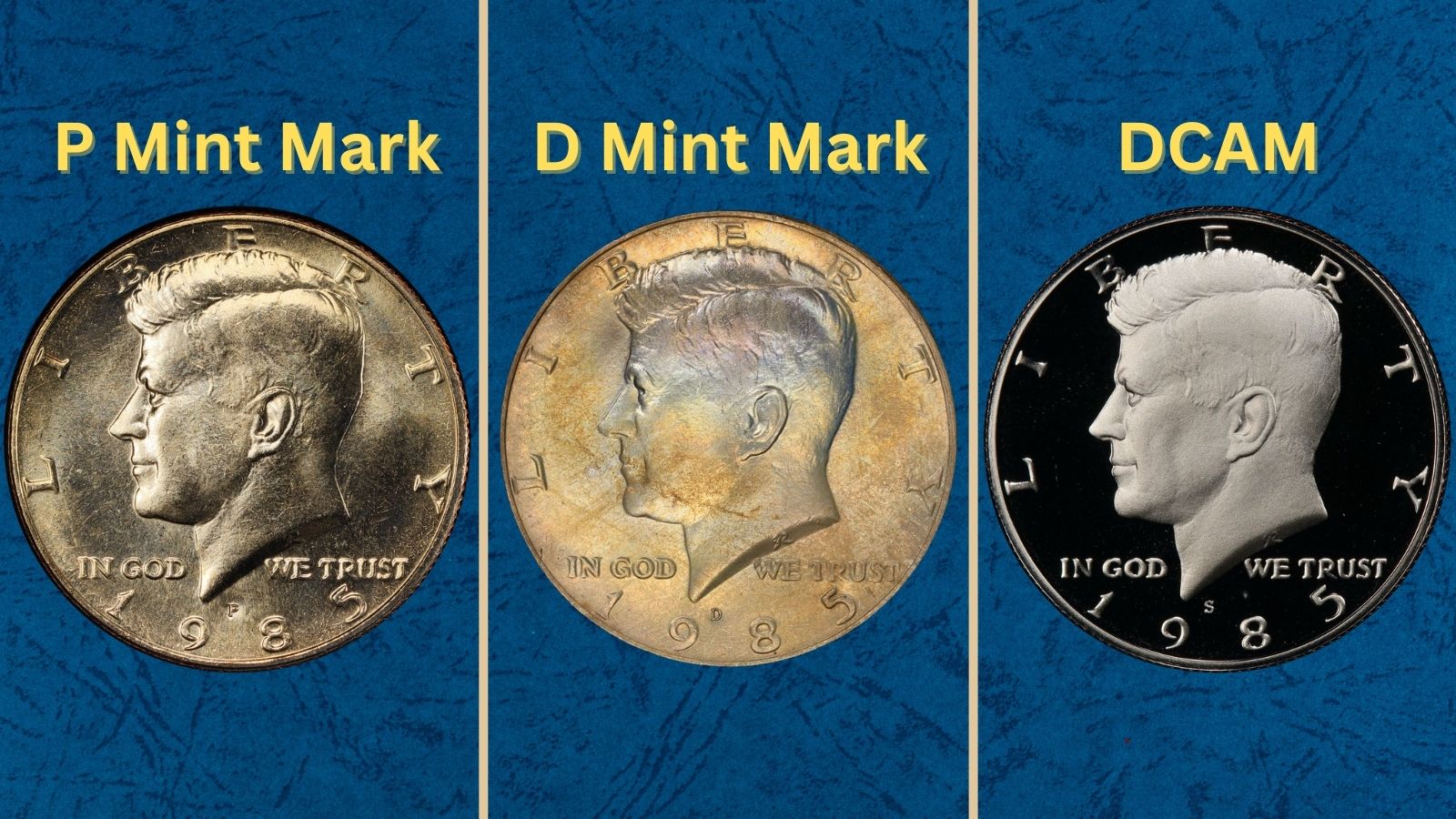 Group of 1985-P, 1985-D, and 1985-S proof Kennedy Half Dollars showing all three mint marks struck in 1985